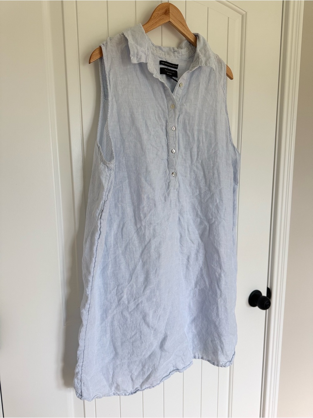 Tahari 100% Linen Striped Sleeveless Shirt Dress Blue White Coastal Chic 2X - Picture 3 of 9